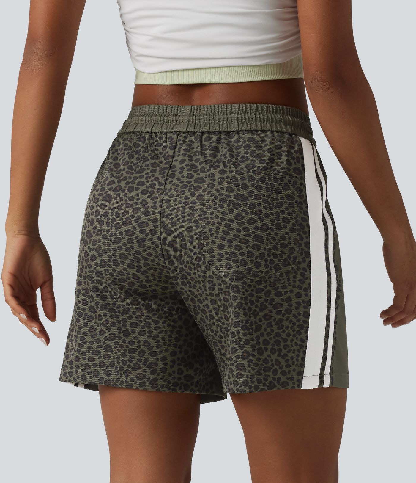 Mid Rise Drawstring Color Block Stripes Contrast Leopard Casual Baggy Shorts 5'' with Pockets