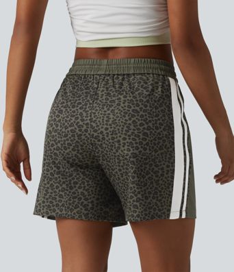 Mid Rise Drawstring Color Block Stripes Contrast Leopard Casual Baggy Shorts 5'' with Pockets