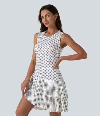 Round Neck Sleeveless Layered Ruffle Hem Polka Dot Mini Casual Dress