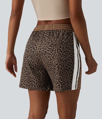 Mid Rise Drawstring Color Block Stripes Contrast Leopard Casual Baggy Shorts 5'' with Pockets