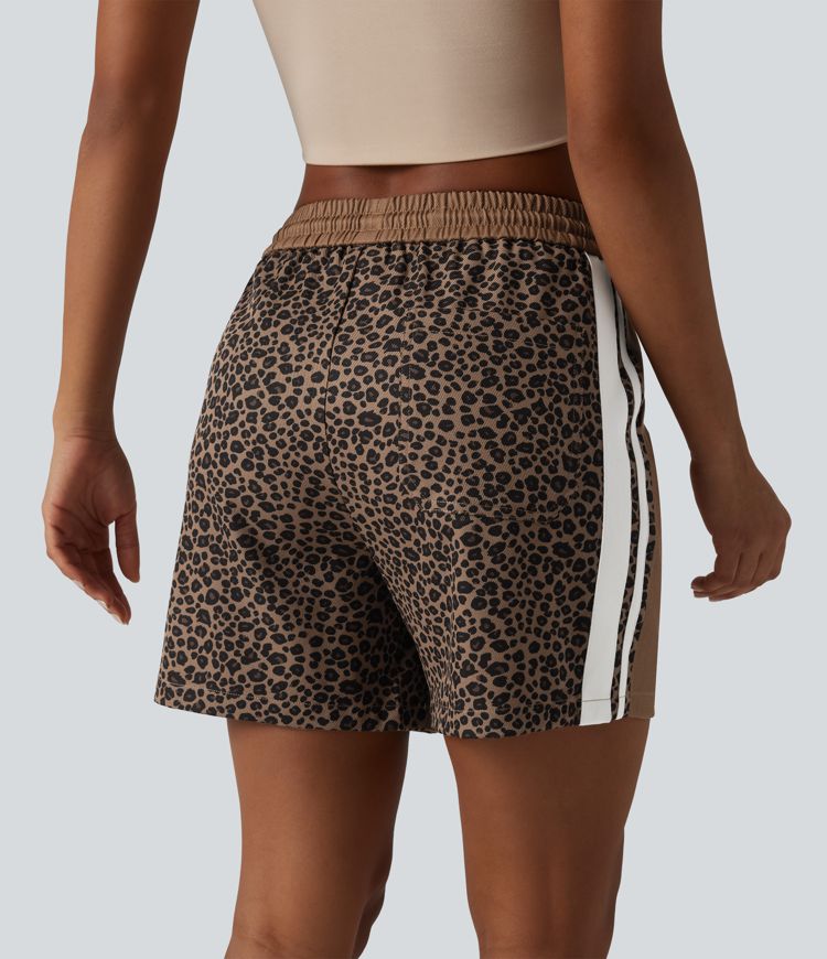 Mid Rise Drawstring Color Block Stripes Contrast Leopard Casual Baggy Shorts 5'' with Pockets