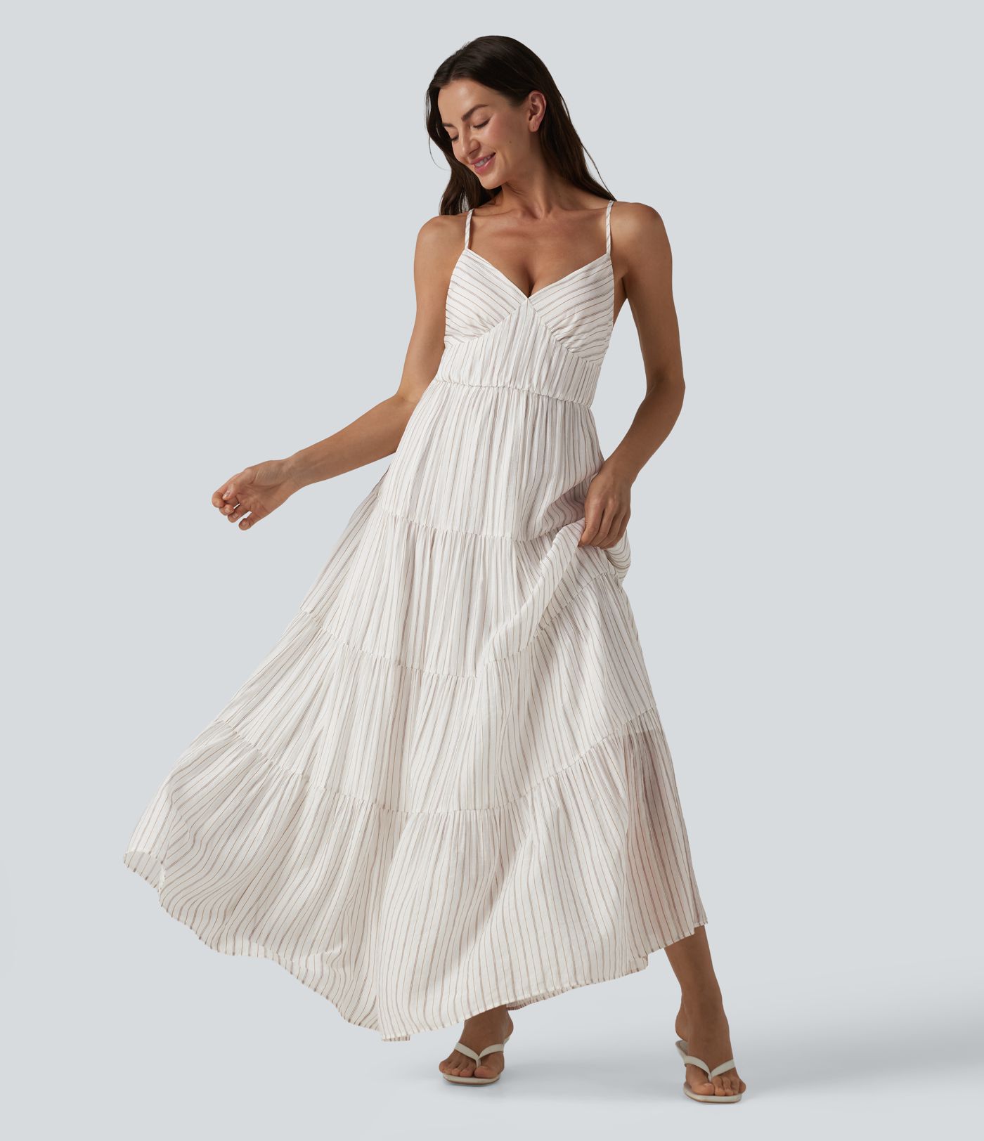V Neck Lace Up Stripe Flowy Maxi Dress