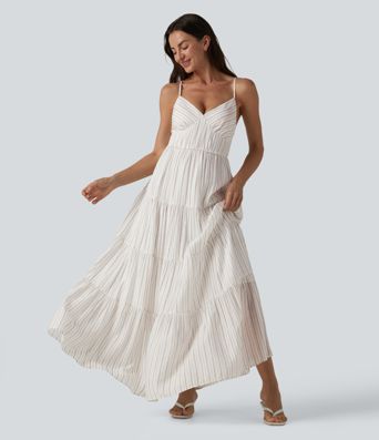 V Neck Lace Up Stripe Flowy Maxi Dress
