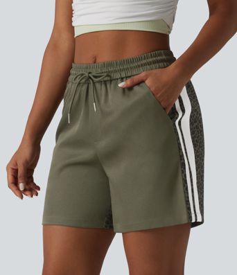 Mid Rise Drawstring Color Block Stripes Contrast Leopard Casual Baggy Shorts 5'' with Pockets