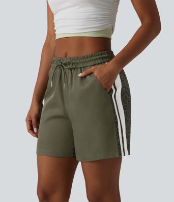 Mid Rise Drawstring Color Block Stripes Contrast Leopard Casual Baggy Shorts 5'' with Pockets