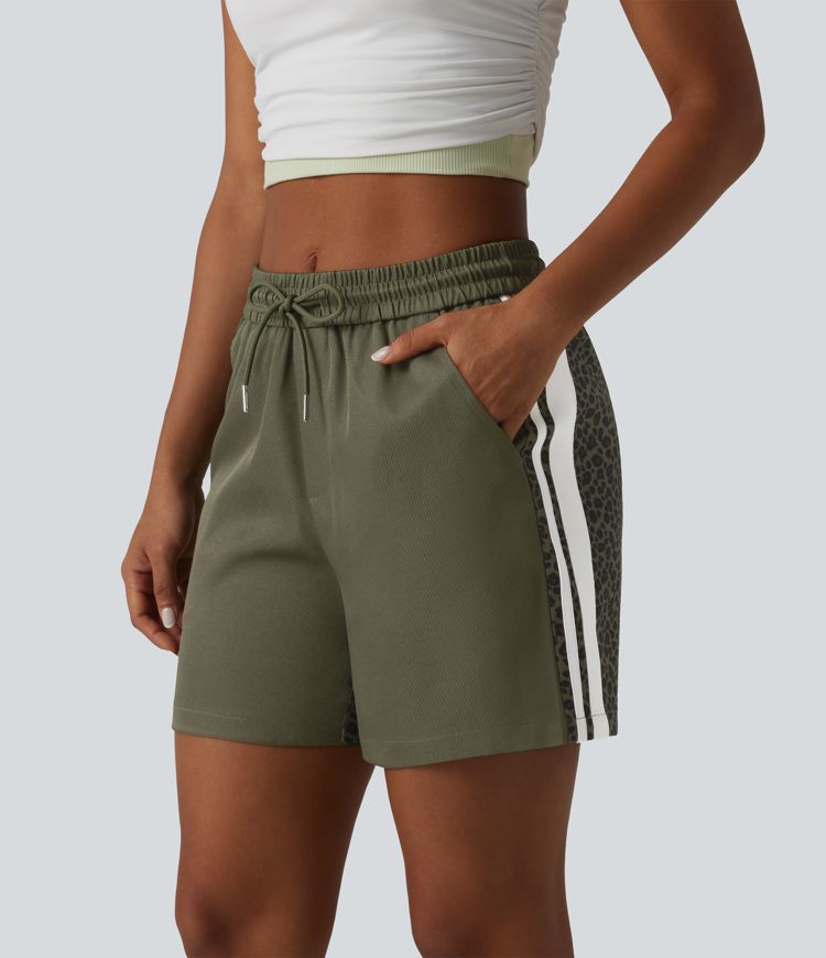 Mid Rise Drawstring Color Block Stripes Contrast Leopard Casual Baggy Shorts 5'' with Pockets