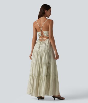 V Neck Lace Up Stripe Flowy Maxi Dress