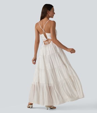 V Neck Lace Up Stripe Flowy Maxi Dress