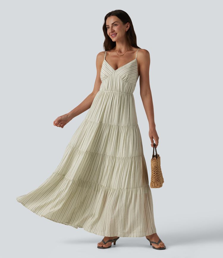 V Neck Lace Up Stripe Flowy Maxi Dress