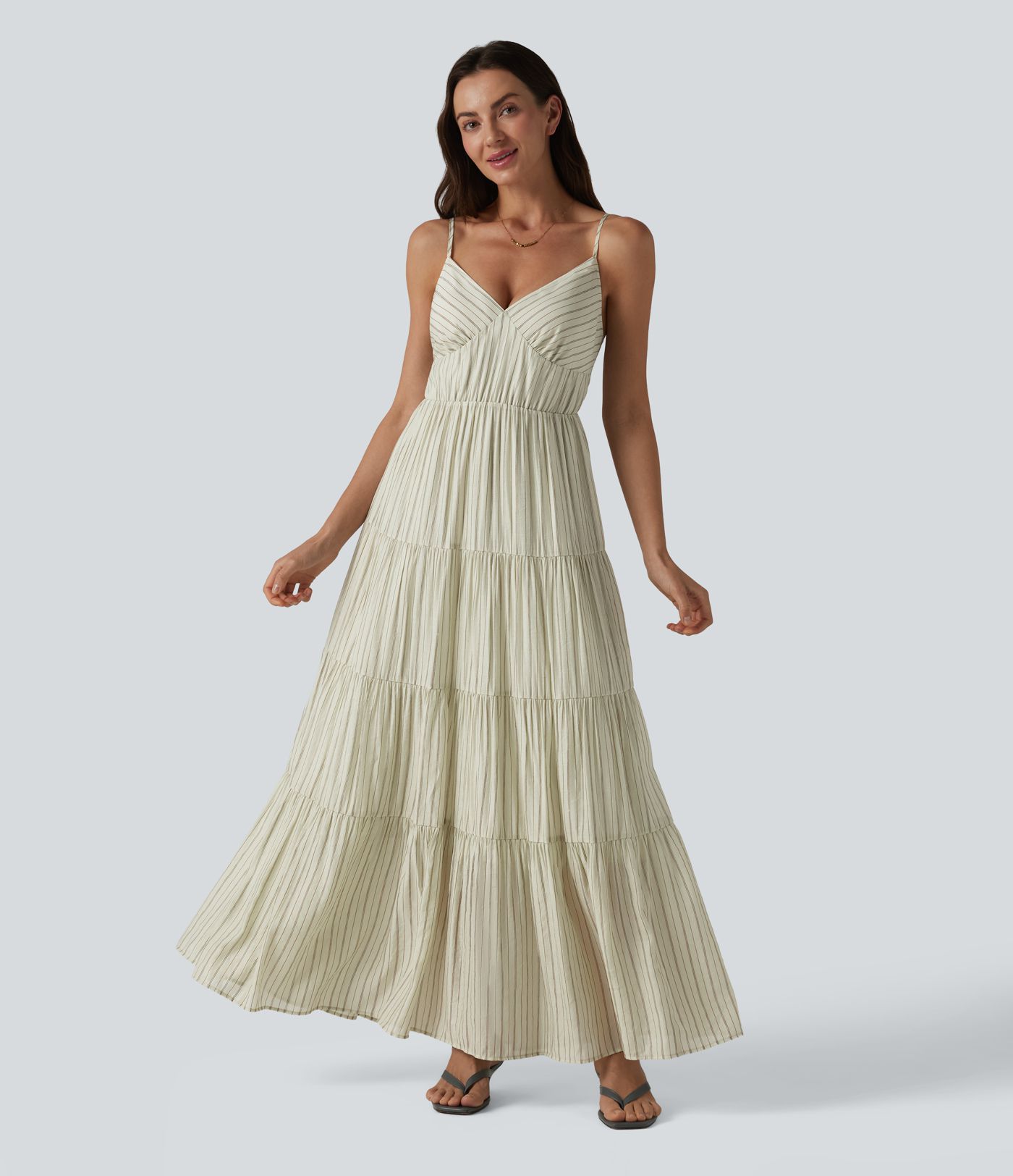 V Neck Lace Up Stripe Flowy Maxi Dress
