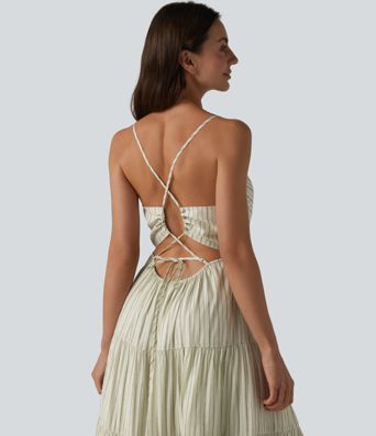 V Neck Lace Up Stripe Flowy Maxi Dress