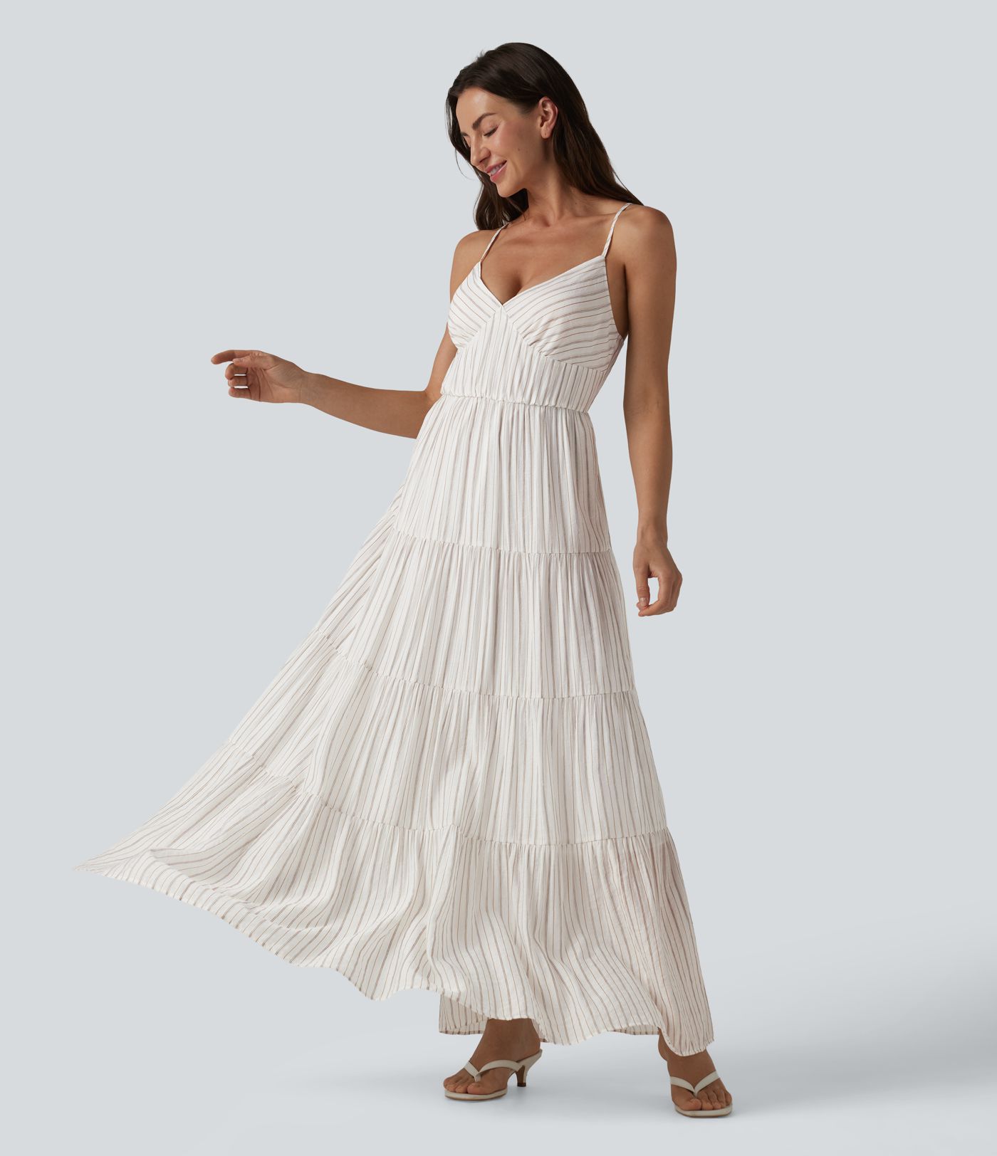 V Neck Lace Up Stripe Flowy Maxi Dress
