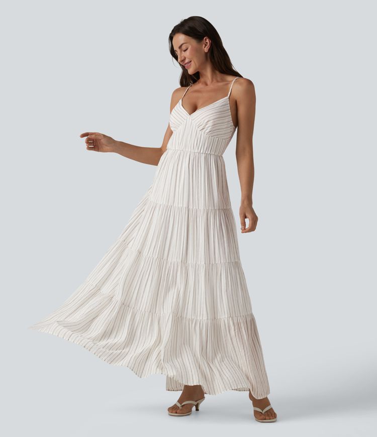 V Neck Lace Up Stripe Flowy Maxi Dress