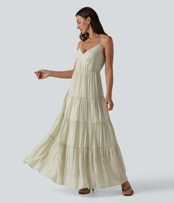 V Neck Lace Up Stripe Flowy Maxi Dress
