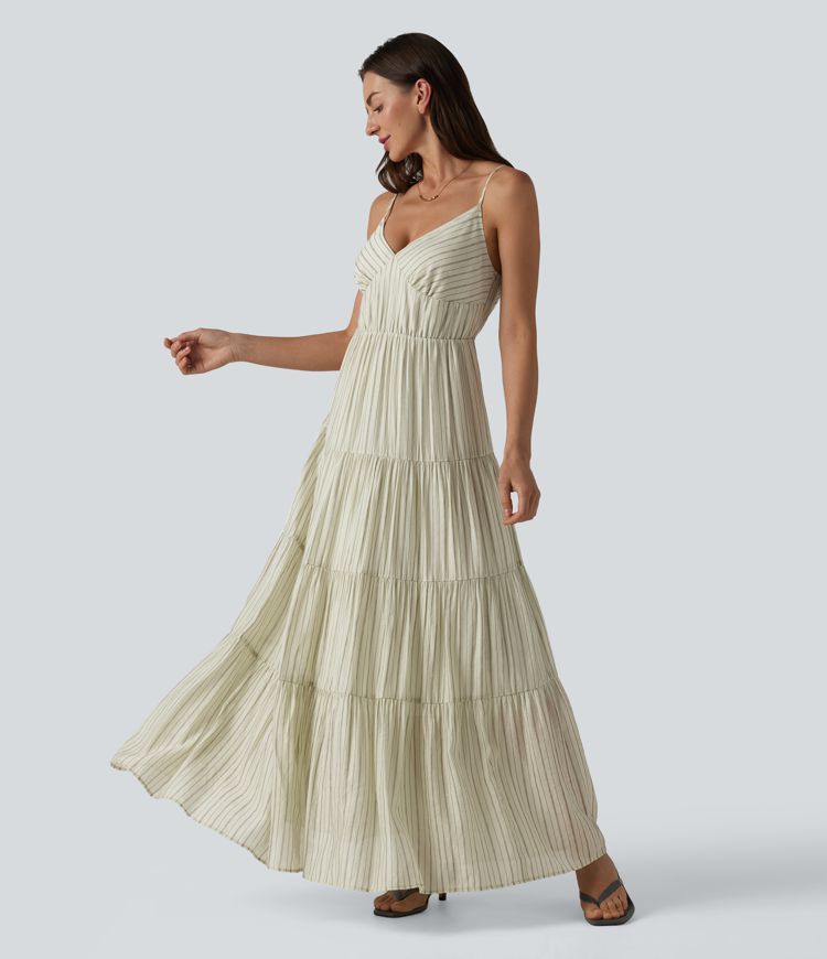 V Neck Lace Up Stripe Flowy Maxi Dress