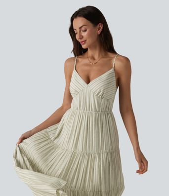 V Neck Lace Up Stripe Flowy Maxi Dress