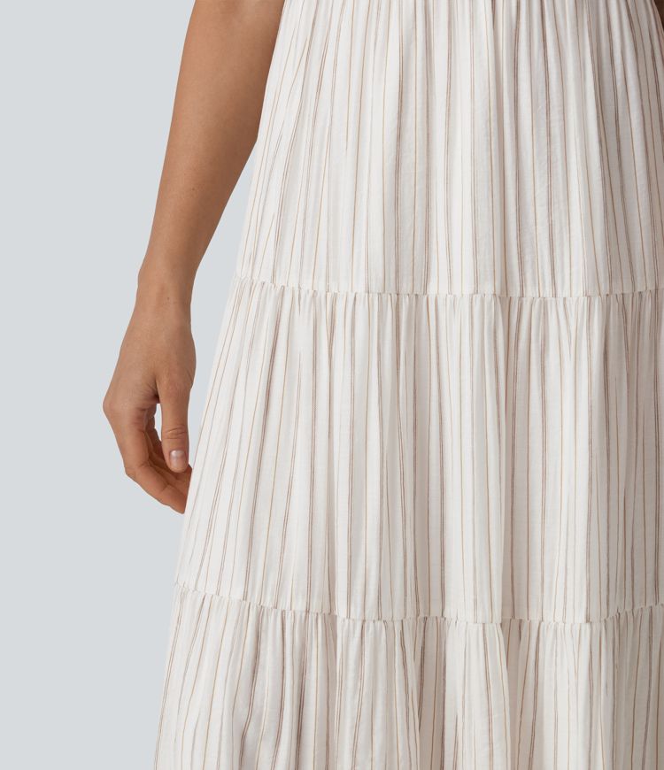 V Neck Lace Up Stripe Flowy Maxi Dress