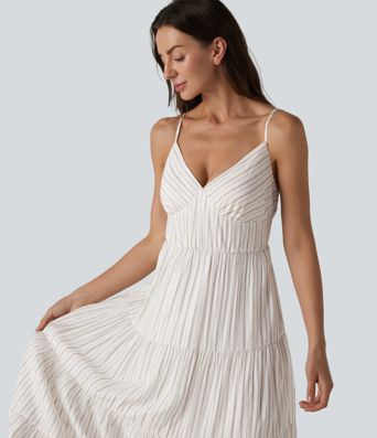 V Neck Lace Up Stripe Flowy Maxi Dress