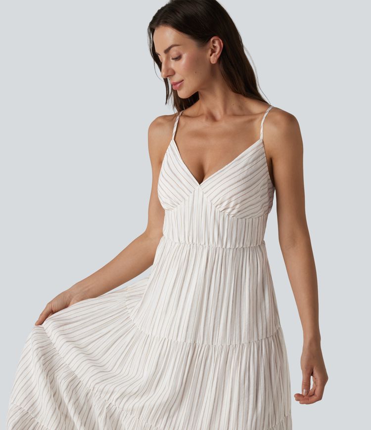 V Neck Lace Up Stripe Flowy Maxi Dress