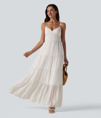 V Neck Lace Up Stripe Flowy Maxi Dress