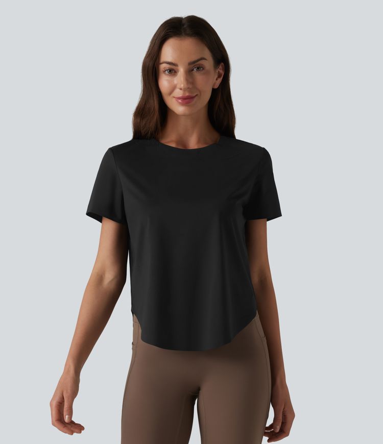 Round Neck Short Sleeve Curved Hem Breathable Mesh Hiking Sports Top Round Neck Short Sleeve Curved Hem Breathable Mesh Hiking Sports Top