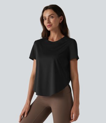Round Neck Short Sleeve Curved Hem Breathable Mesh Hiking Sports Top Round Neck Short Sleeve Curved Hem Breathable Mesh Hiking Sports Top