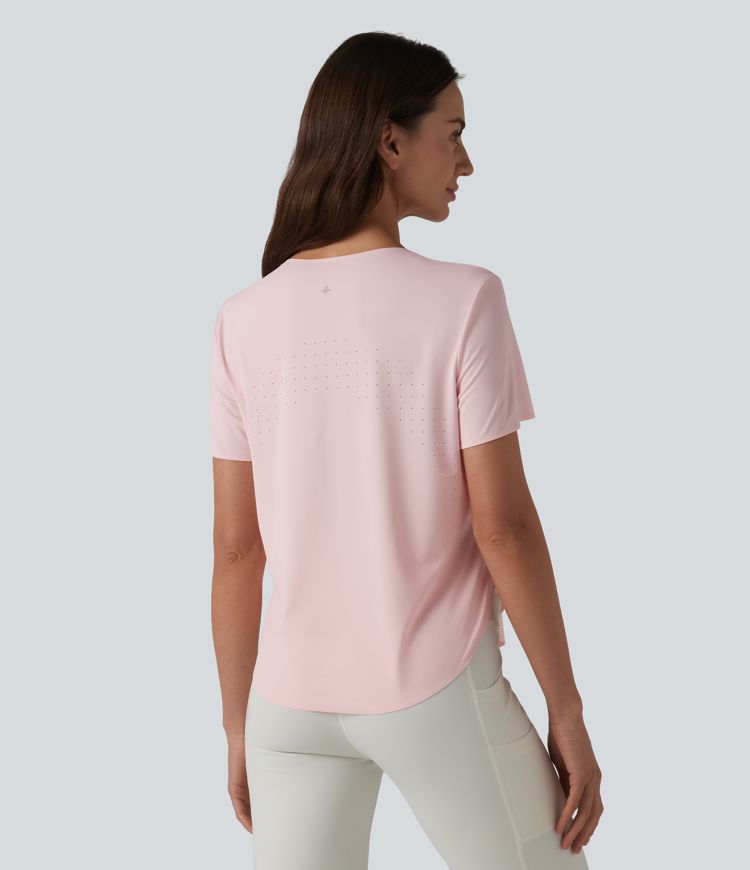 Round Neck Short Sleeve Curved Hem Breathable Mesh Hiking Sports Top