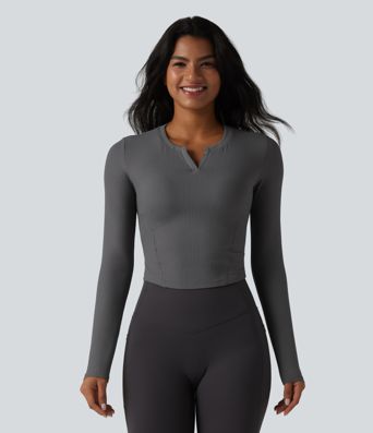 Ribbed Knit Notch Long Sleeve Non-Removable Pad Slim Casual Top