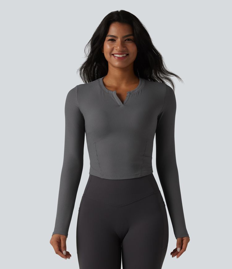 Ribbed Knit Notch Long Sleeve Non-Removable Pad Slim Casual Top