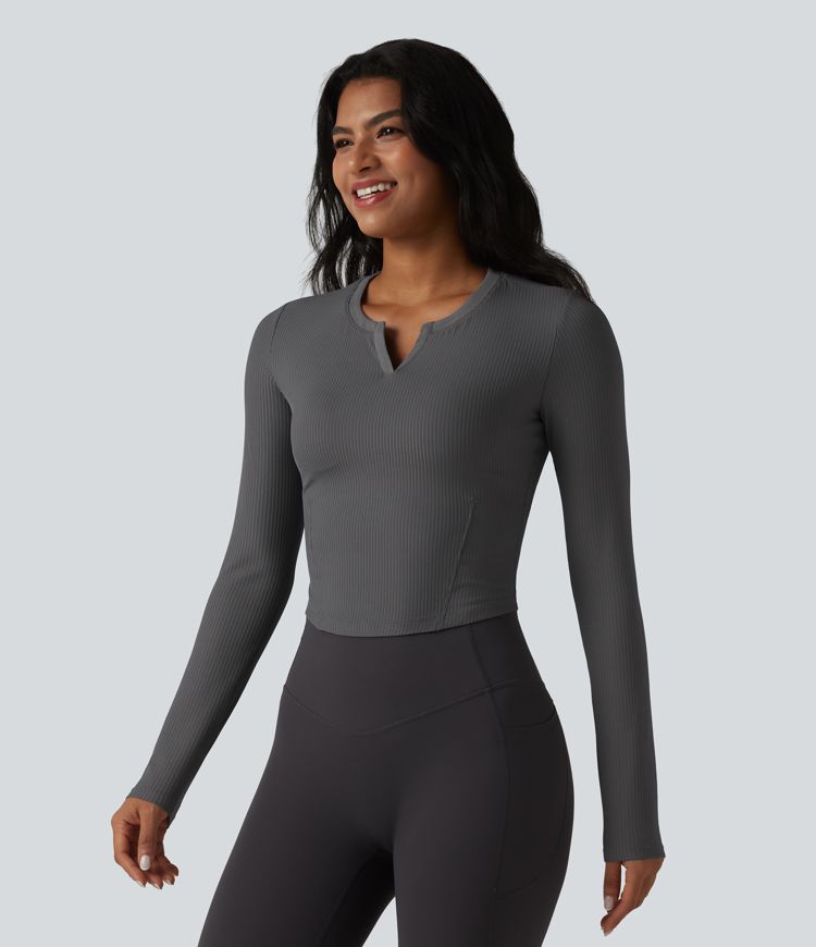 Ribbed Knit Notch Long Sleeve Non-Removable Pad Slim Casual Top