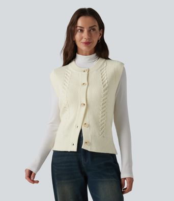 Round Neck Split Hem Button Fly Casual Sweater Vest