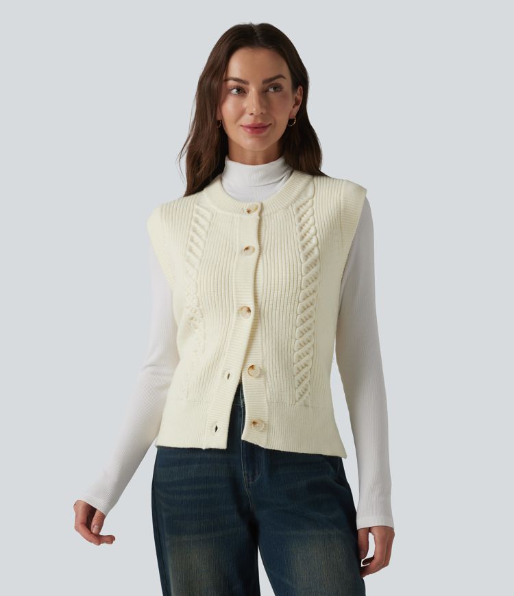 Round Neck Split Hem Button Fly Casual Sweater Vest