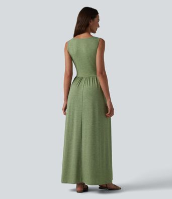 Robe longue fluide décontractée à col en U, sans manches et croisée, avec poches