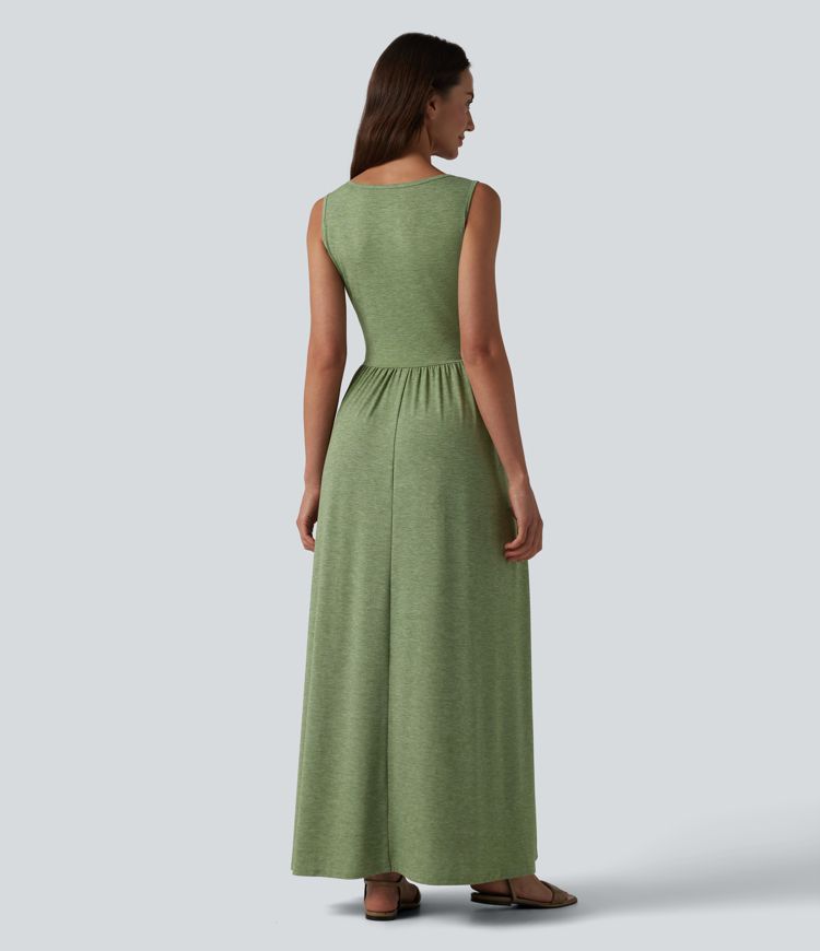 Robe longue fluide décontractée à col en U, sans manches et croisée, avec poches