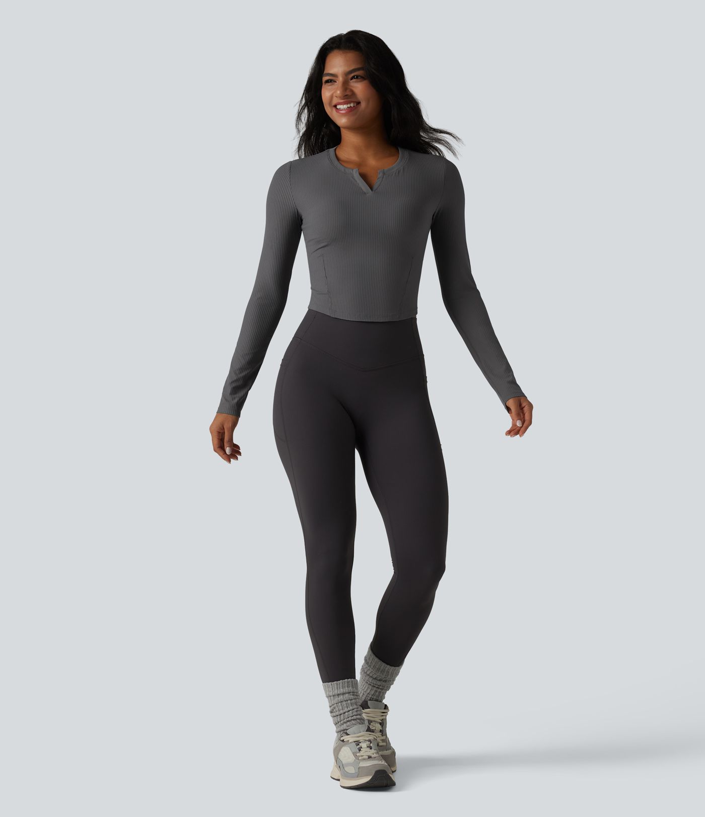 Ribbed Knit Notch Long Sleeve Non-Removable Pad Slim Casual Top