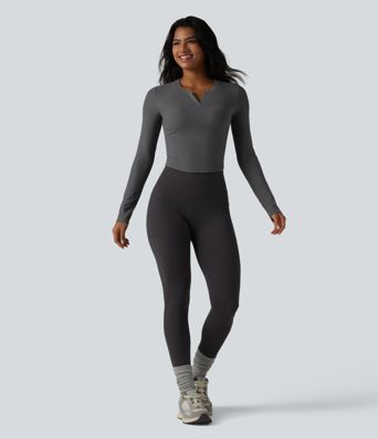 Ribbed Knit Notch Long Sleeve Non-Removable Pad Slim Casual Top