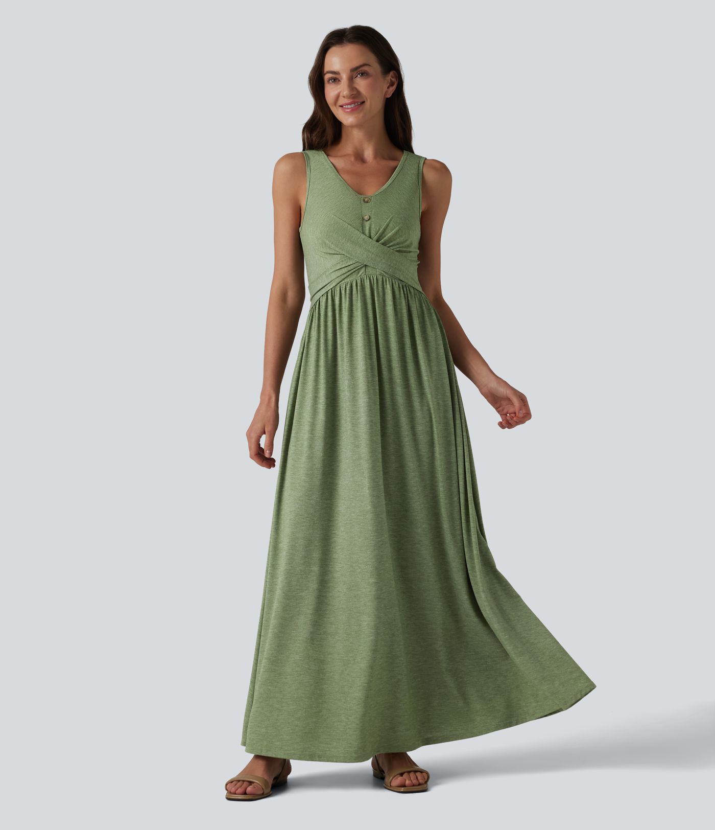 Robe longue fluide décontractée à col en U, sans manches et croisée, avec poches