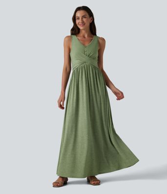 Robe longue fluide décontractée à col en U, sans manches et croisée, avec poches