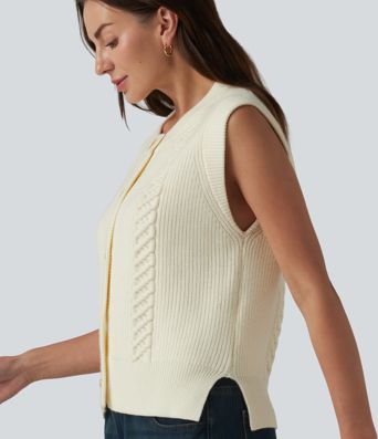 Round Neck Split Hem Button Fly Casual Sweater Vest