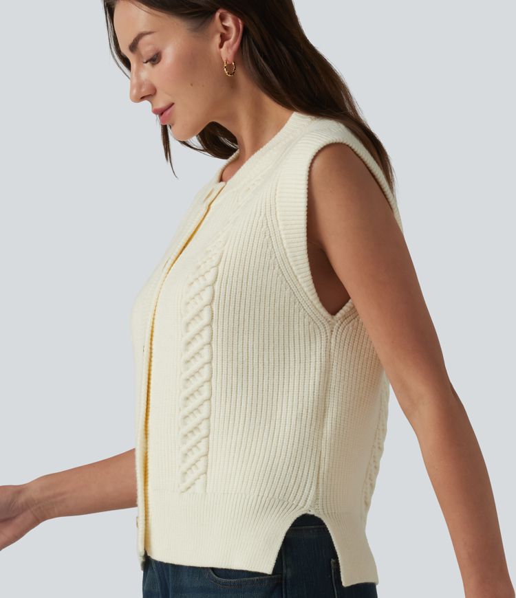 Round Neck Split Hem Button Fly Casual Sweater Vest