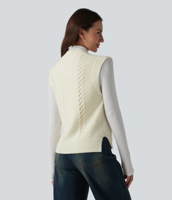 Round Neck Split Hem Button Fly Casual Sweater Vest