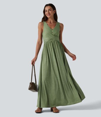 Robe longue fluide décontractée à col en U, sans manches et croisée, avec poches