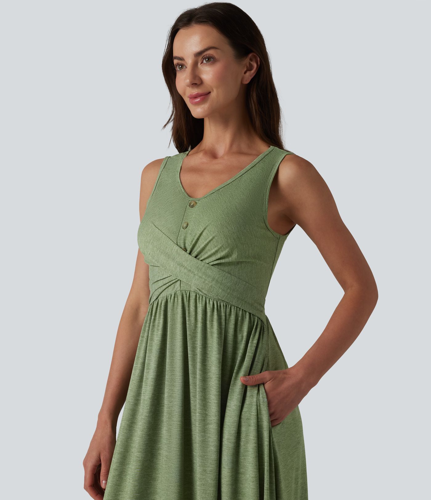 Robe longue fluide décontractée à col en U, sans manches et croisée, avec poches