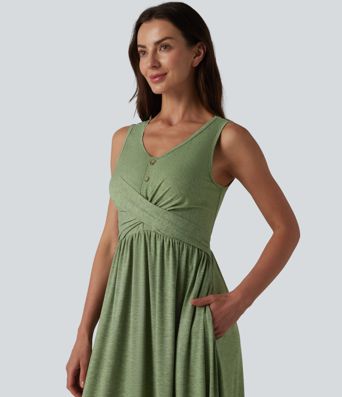 Robe longue fluide décontractée à col en U, sans manches et croisée, avec poches