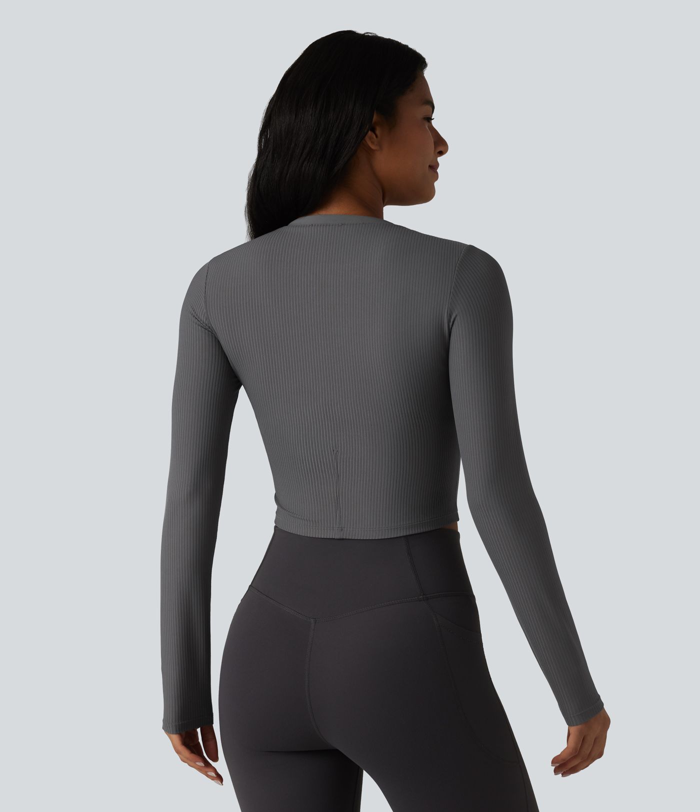 Ribbed Knit Notch Long Sleeve Non-Removable Pad Slim Casual Top