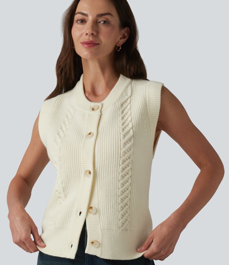 Round Neck Split Hem Button Fly Casual Sweater Vest