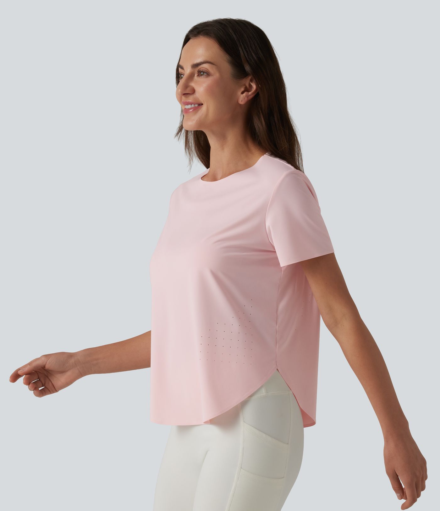 Round Neck Short Sleeve Curved Hem Breathable Mesh Hiking Sports Top