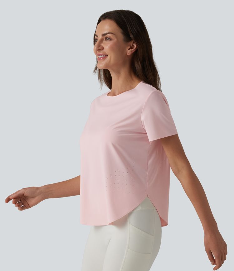 Round Neck Short Sleeve Curved Hem Breathable Mesh Hiking Sports Top
