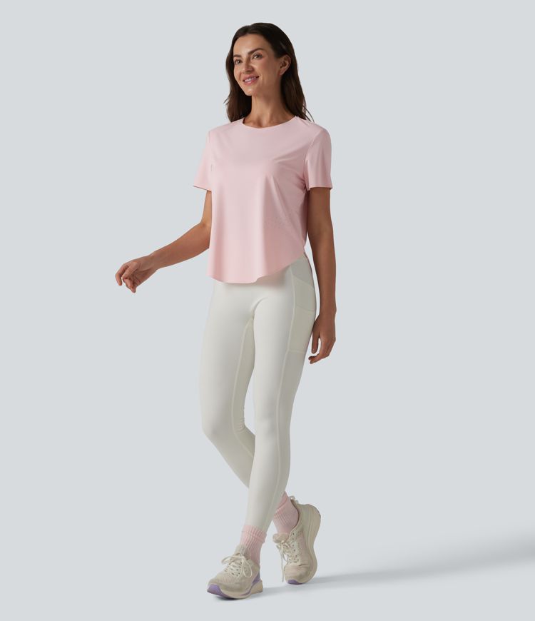 Round Neck Short Sleeve Curved Hem Breathable Mesh Hiking Sports Top