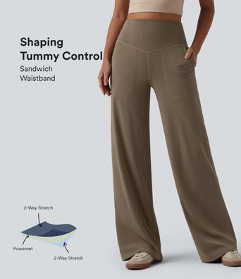 Pantalon large décontracté taille haute ventre plat en maille côtelée avec poches